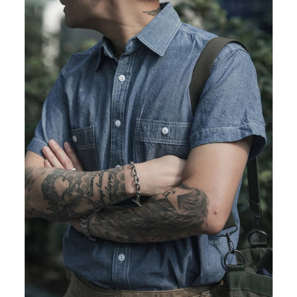 Bronson Non Stock Chambray Short Sleeve Work Shirt Quality Cotton Sz XL 🇺🇸